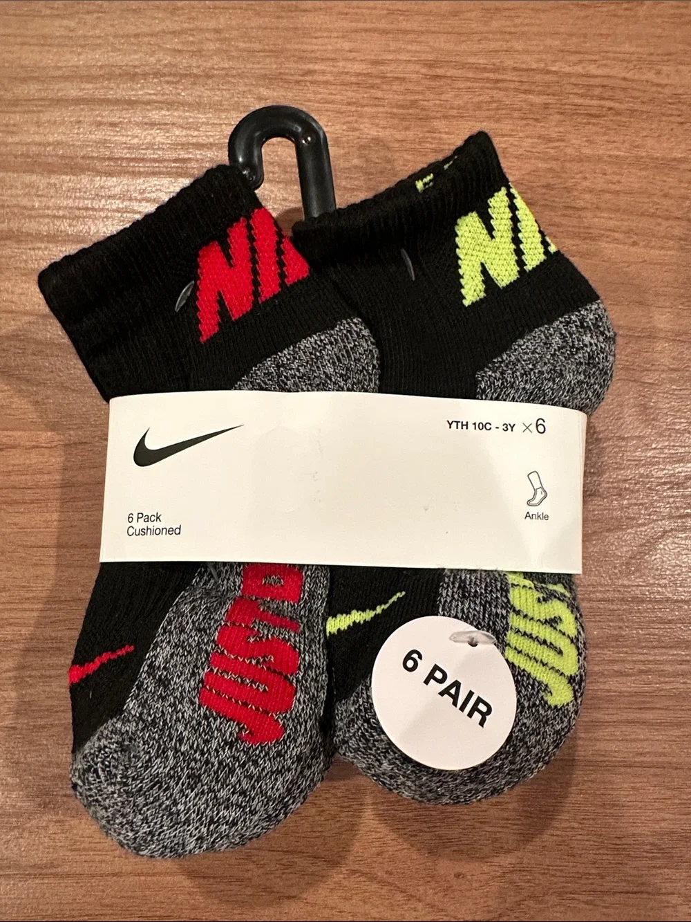 Nike 6-Pack Cushioned Ankle Socks in Black with Red & Neon Yellow Accents